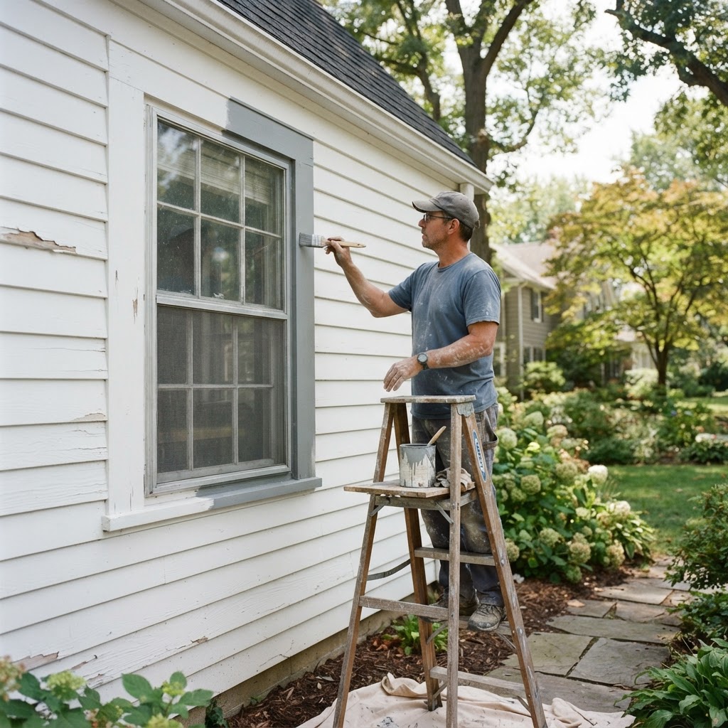 A painter on a stepladder brushing gray paint onto the window trim of a white clapboard house, with part of the trim already painted gray