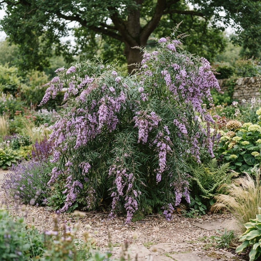 Fountain butterfly bush with graceful weeping stems covered in small lilac flowers