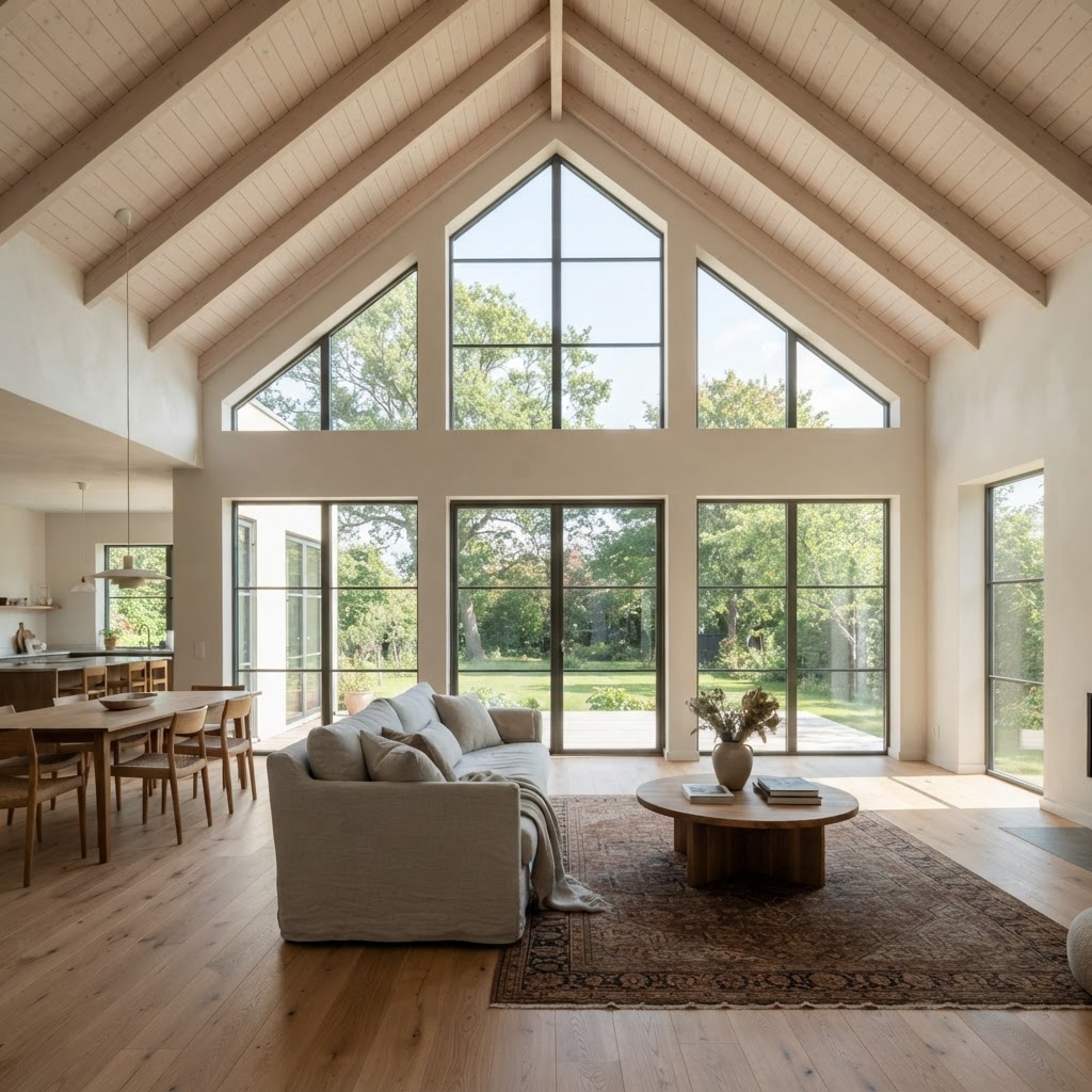 Vaulted living room with trapezoid gable windows above a row of tall windows