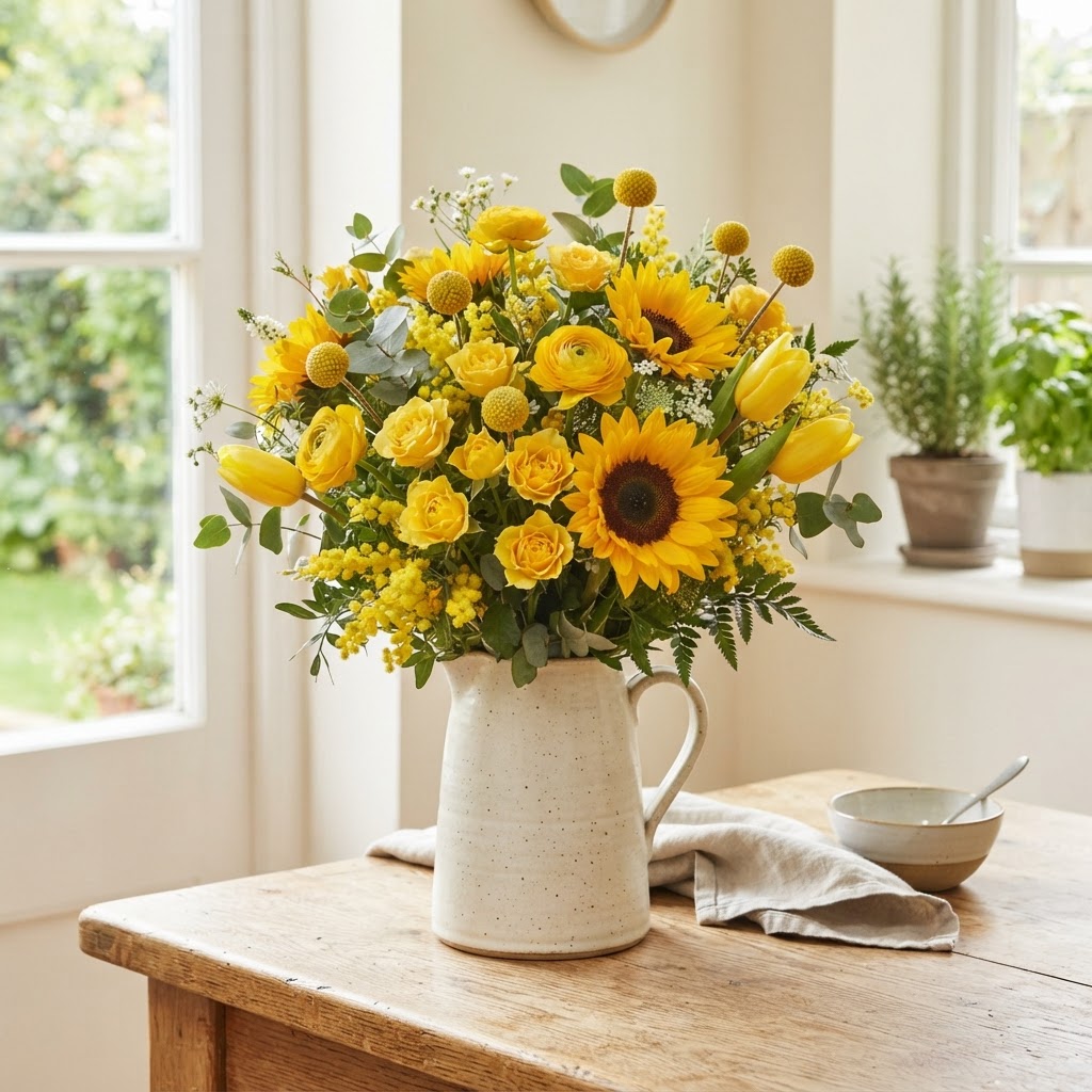 Mixed bouquet of yellow flowers including sunflowers, yellow roses, ranunculus, mimosa, yellow tulips and craspedia in a ceramic jug on a kitchen table