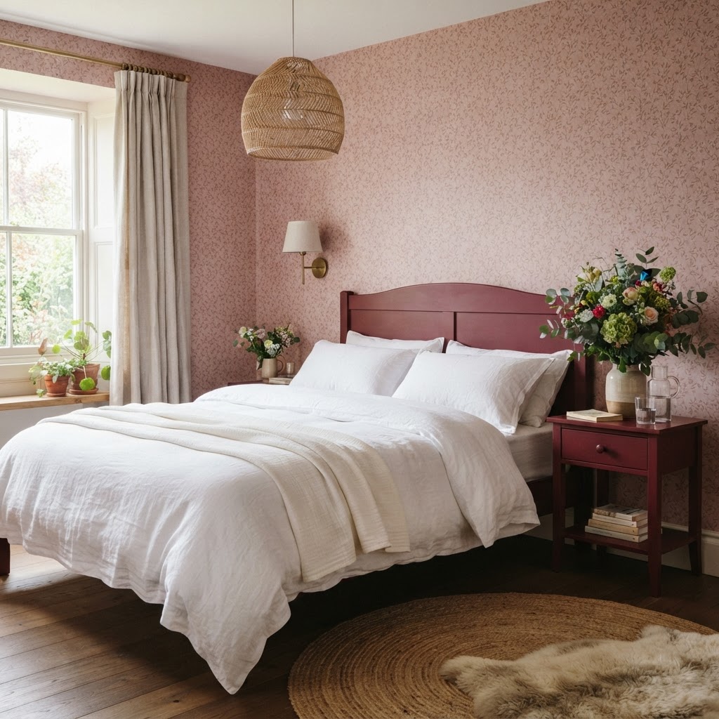 Calm bedroom with dusty rose pink small-pattern wallpaper, a burgundy painted headboard and bedside table, white linen bedding, a brass wall light and fresh flowers