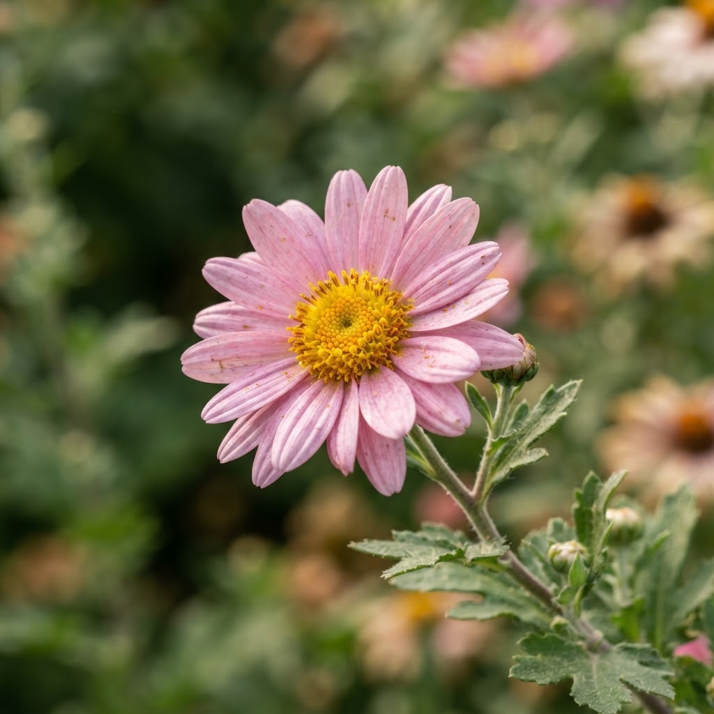 Close-up of single pink daisy-like heirloom chrysanthemum flowers with yellow centres