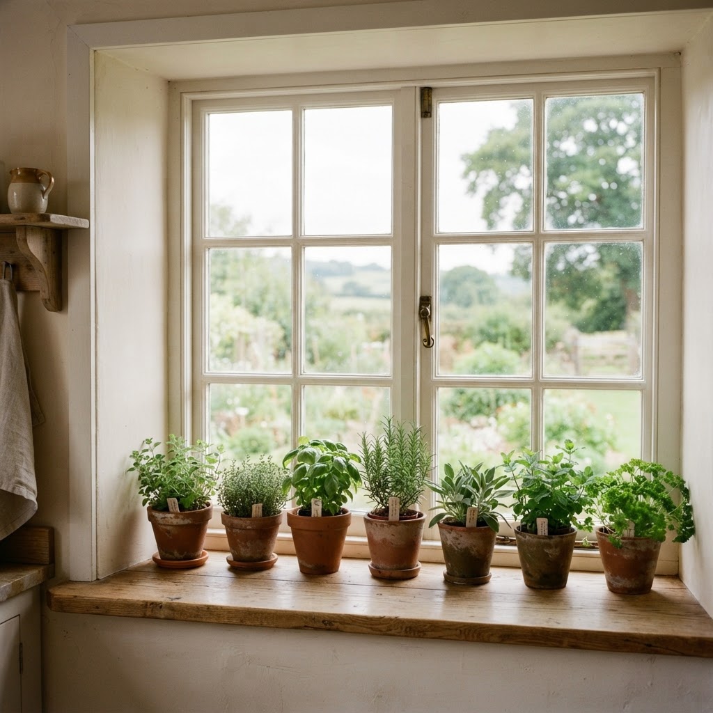 Farmhouse window with flat white trim and a wide sill lined with potted herbs