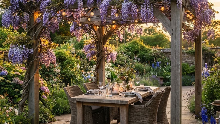 Timber pergola with wisteria and festoon lights over a patio dining table at golden hour