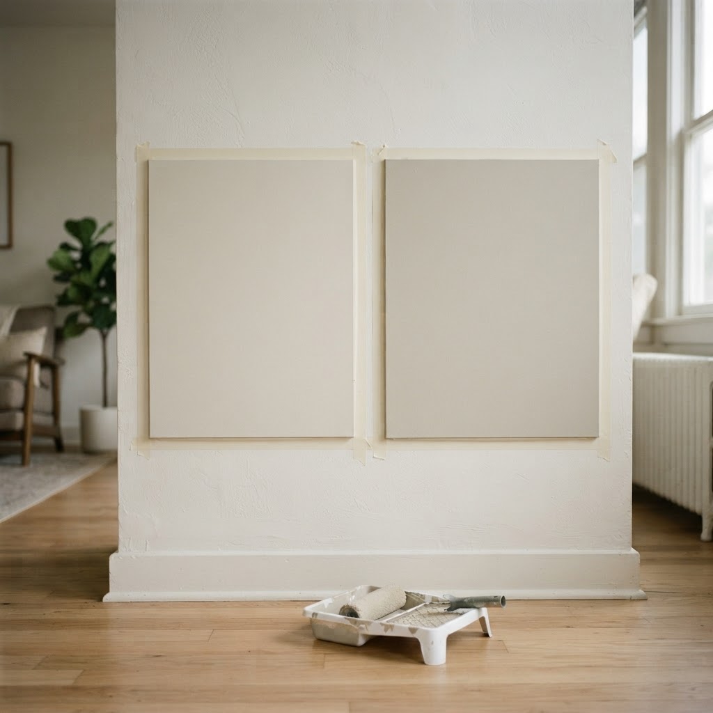 Two large painted sample boards of similar light greige paints taped side by side on a white wall in daylight, with a paint roller and tray on the floor