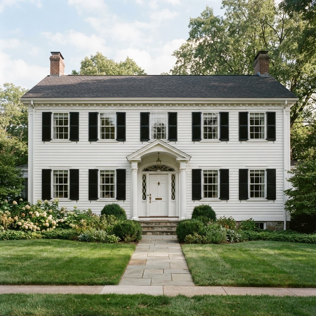 Symmetrical 1920s Colonial Revival house with white clapboard, black shutters and a small portico