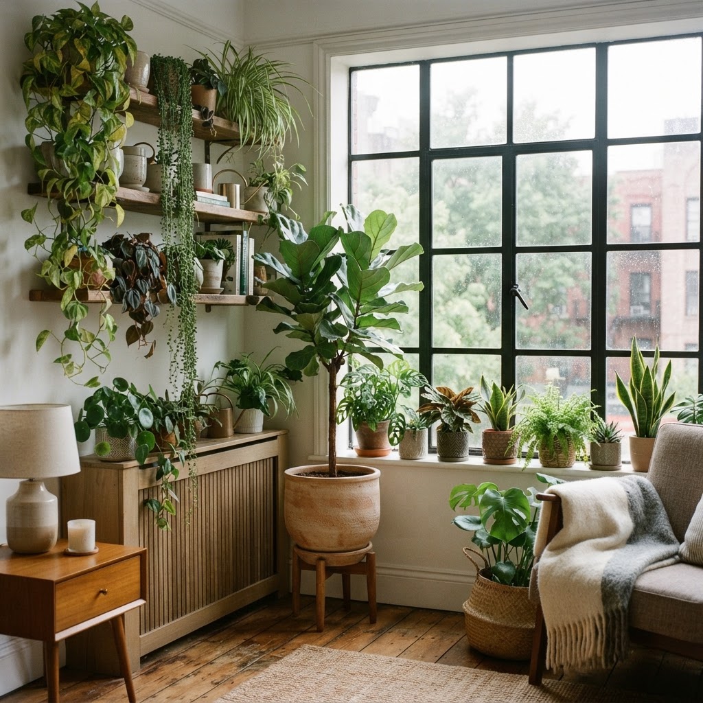 Apartment window corner filled with houseplants, trailing plants on high shelves and a fiddle leaf fig