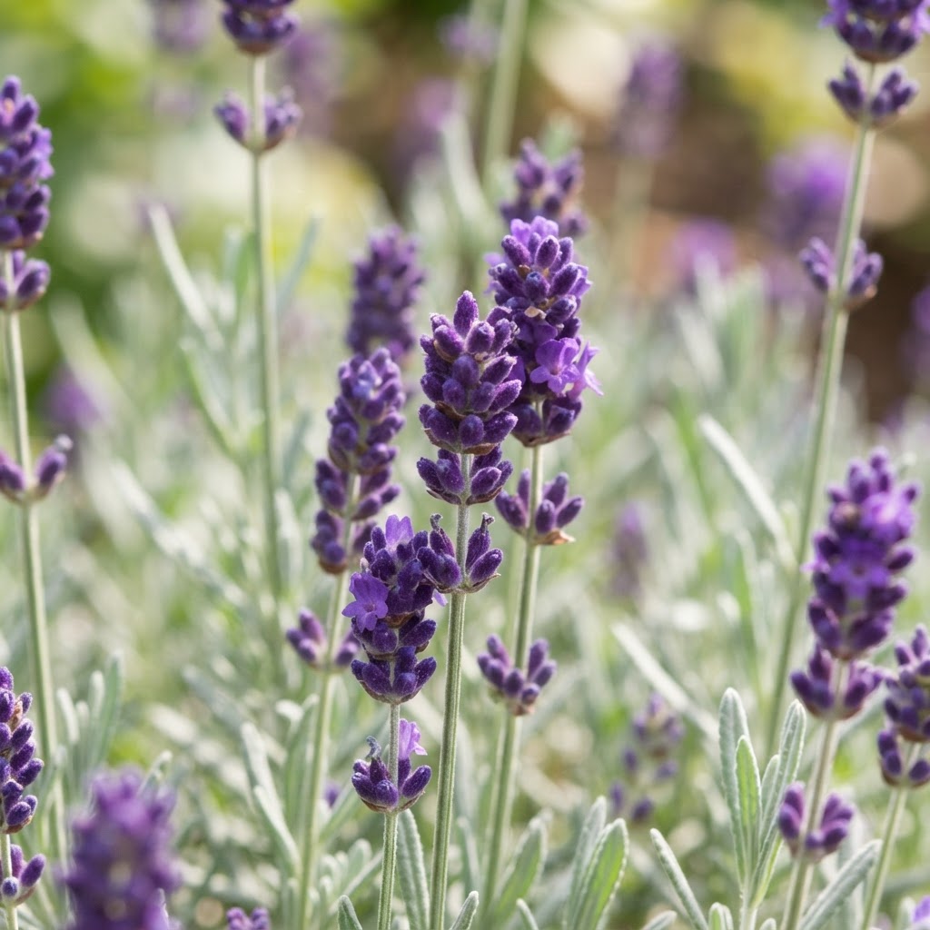 Close-up of deep purple Hidcote English lavender flower spikes with silvery leaves