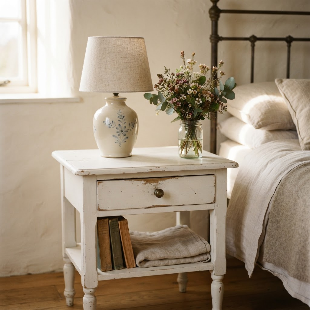 Vintage painted white bedside table with a ceramic lamp and a small vase of wildflowers