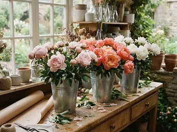 Florist's workbench in a bright flower studio with zinc buckets of fresh cut peonies in blush pink, coral and white, some in soft bud and some fully open, with brown paper rolls