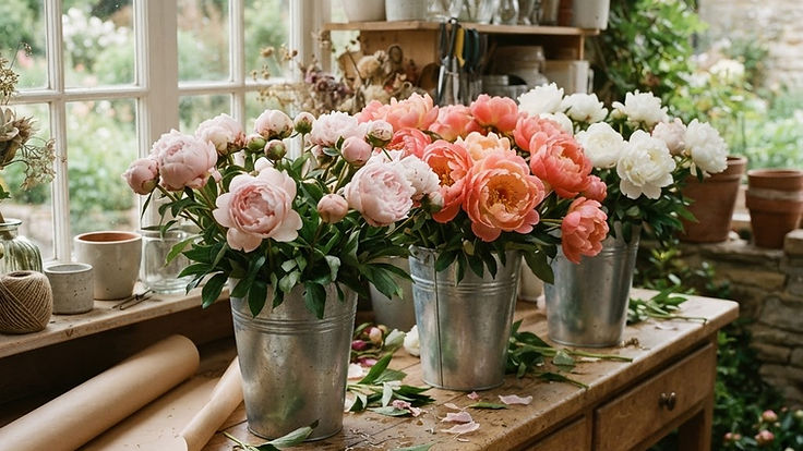 Florist's workbench in a bright flower studio with zinc buckets of fresh cut peonies in blush pink, coral and white, some in soft bud and some fully open, with brown paper rolls