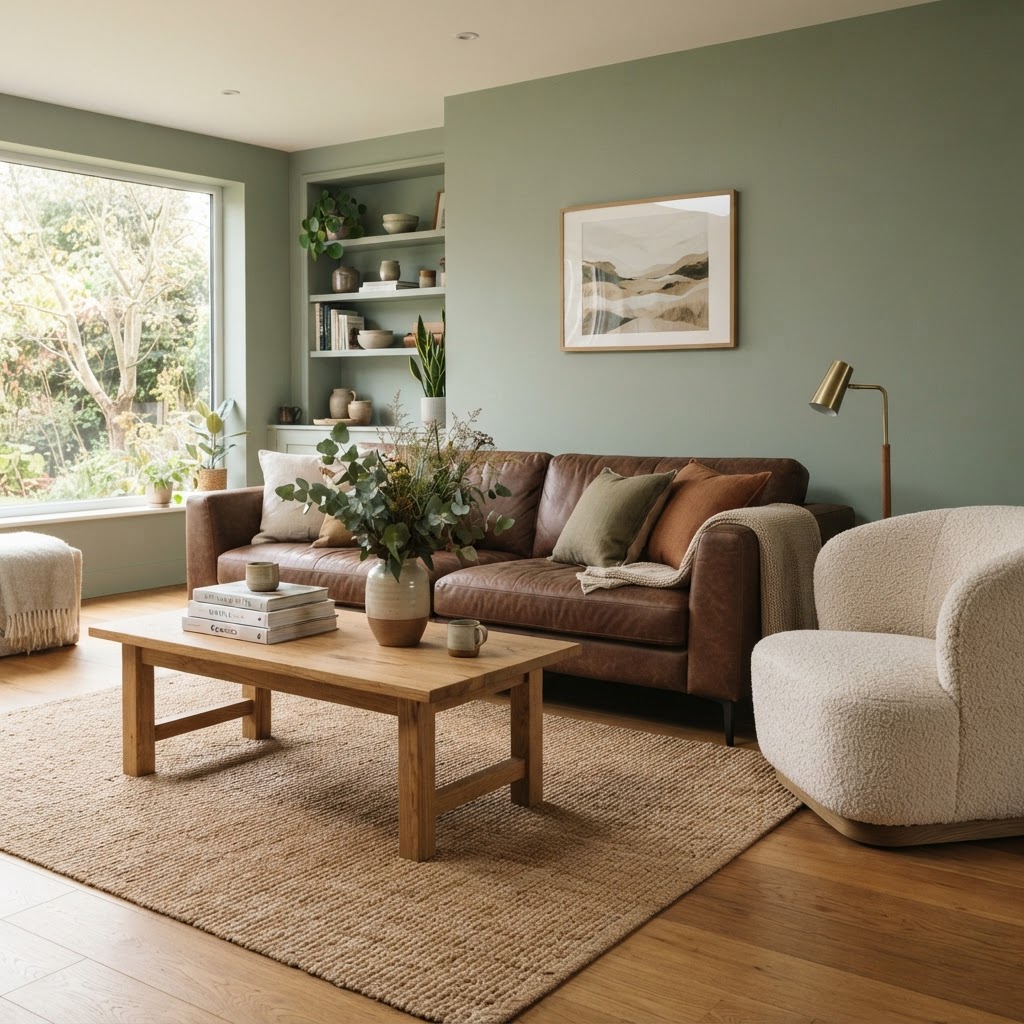 Living room with sage green walls, a brown leather sofa, a cream boucle armchair and a light wood coffee table with books and a vase of branches