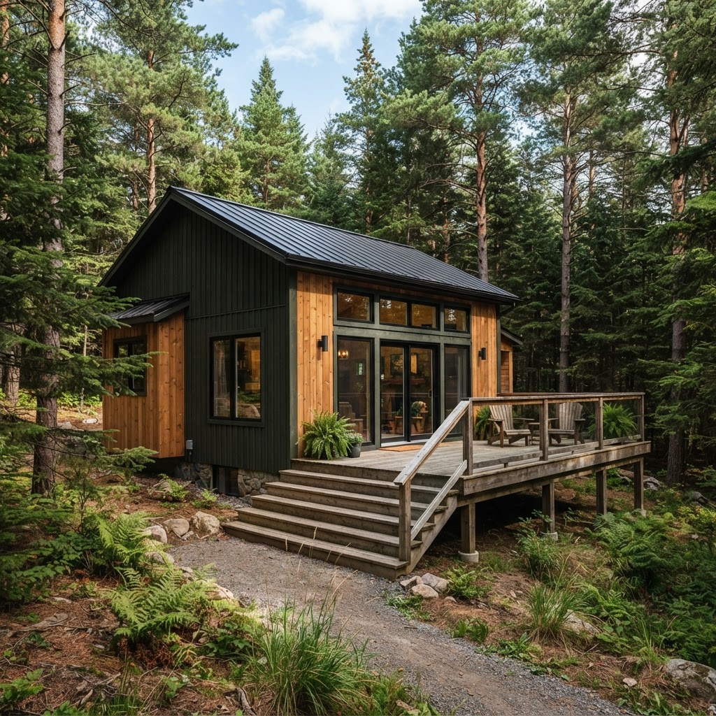 Dark green-black cabin with natural wood cladding, large windows and a wooden deck with steps in a pine forest