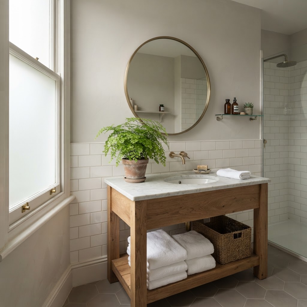 Bathroom with pale soft warm gray walls, white metro tiles, a wooden vanity with a marble top, a round mirror and a fern