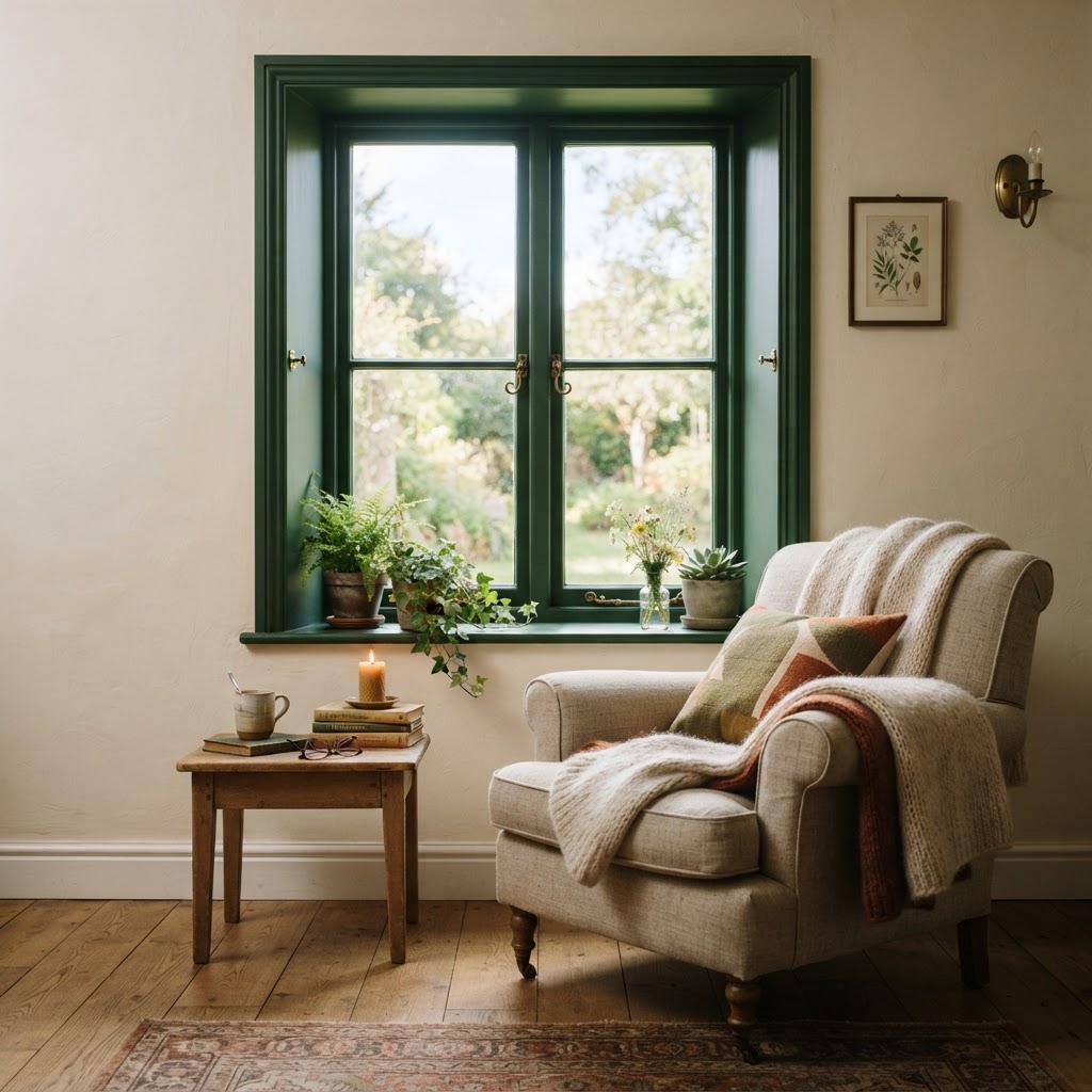 Window with trim painted deep green against cream walls in a cosy reading corner