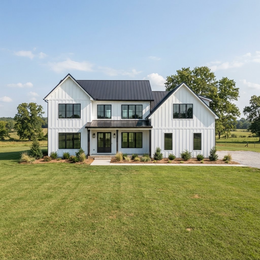 White modern farmhouse with black grid windows and a green lawn
