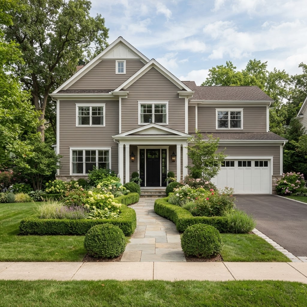 Two-storey house with mid-tone warm gray siding, white trim, a black front door, a stone path and clipped boxwood in the front garden