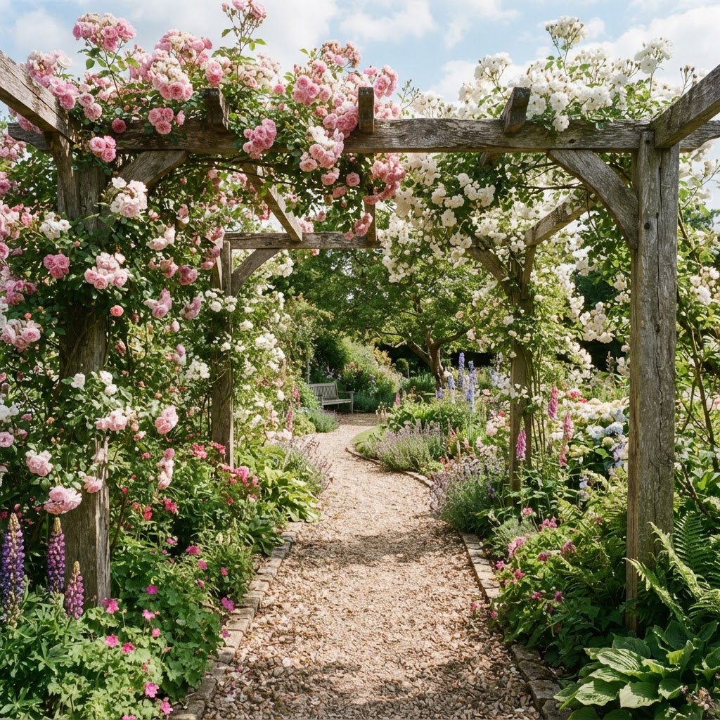 Wooden pergola covered in pink and white climbing roses over a gravel path