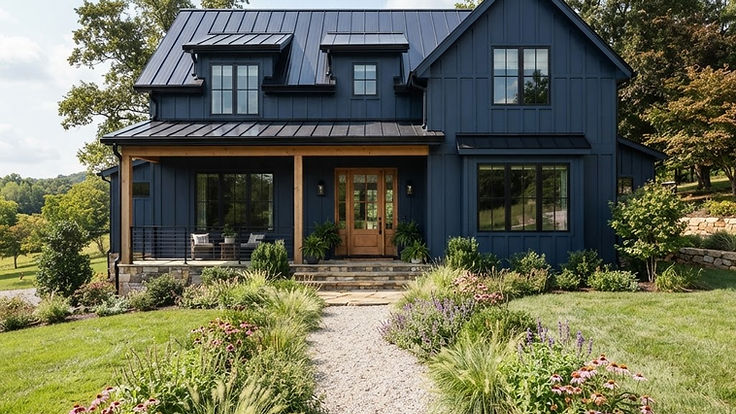 Navy blue modern farmhouse with board and batten siding, black window frames, a black metal roof, a natural wood front door and porch beams and a gravel path through ornamental grasses