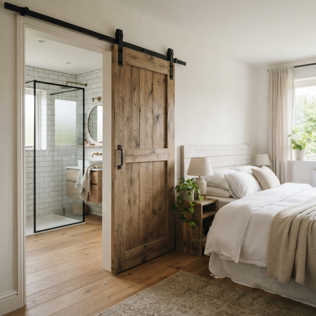 Rustic wooden barn-style sliding door on a black rail between a bedroom and an en suite
