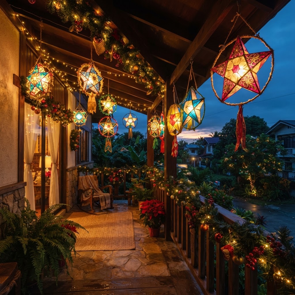 Colourful star shaped parol lanterns hanging on a house terrace at Christmas