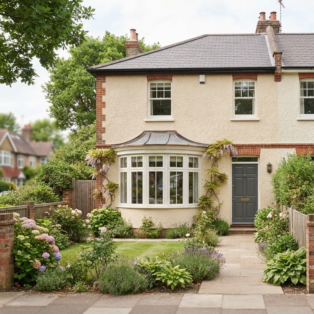 Cream rendered house with a gently curved bow window on the ground floor