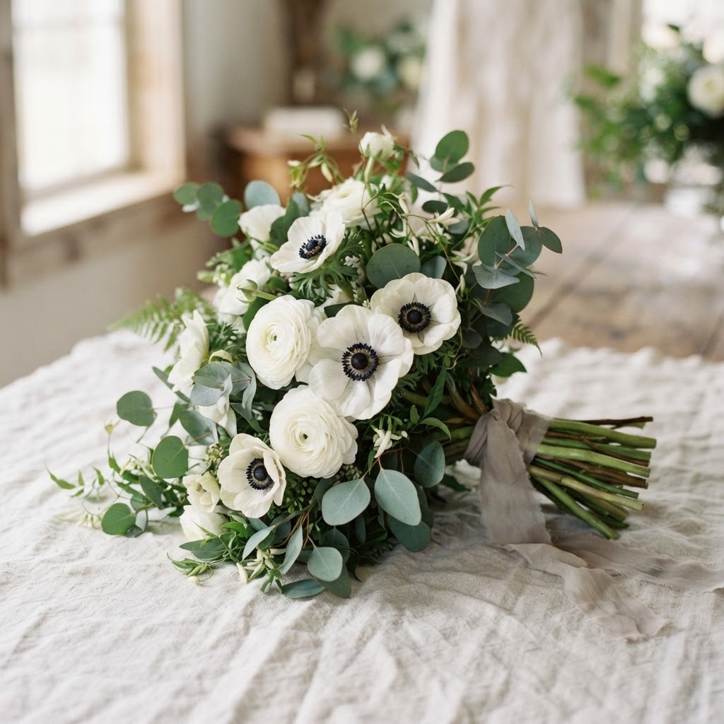 Bridal bouquet of white panda anemones, white ranunculus and eucalyptus