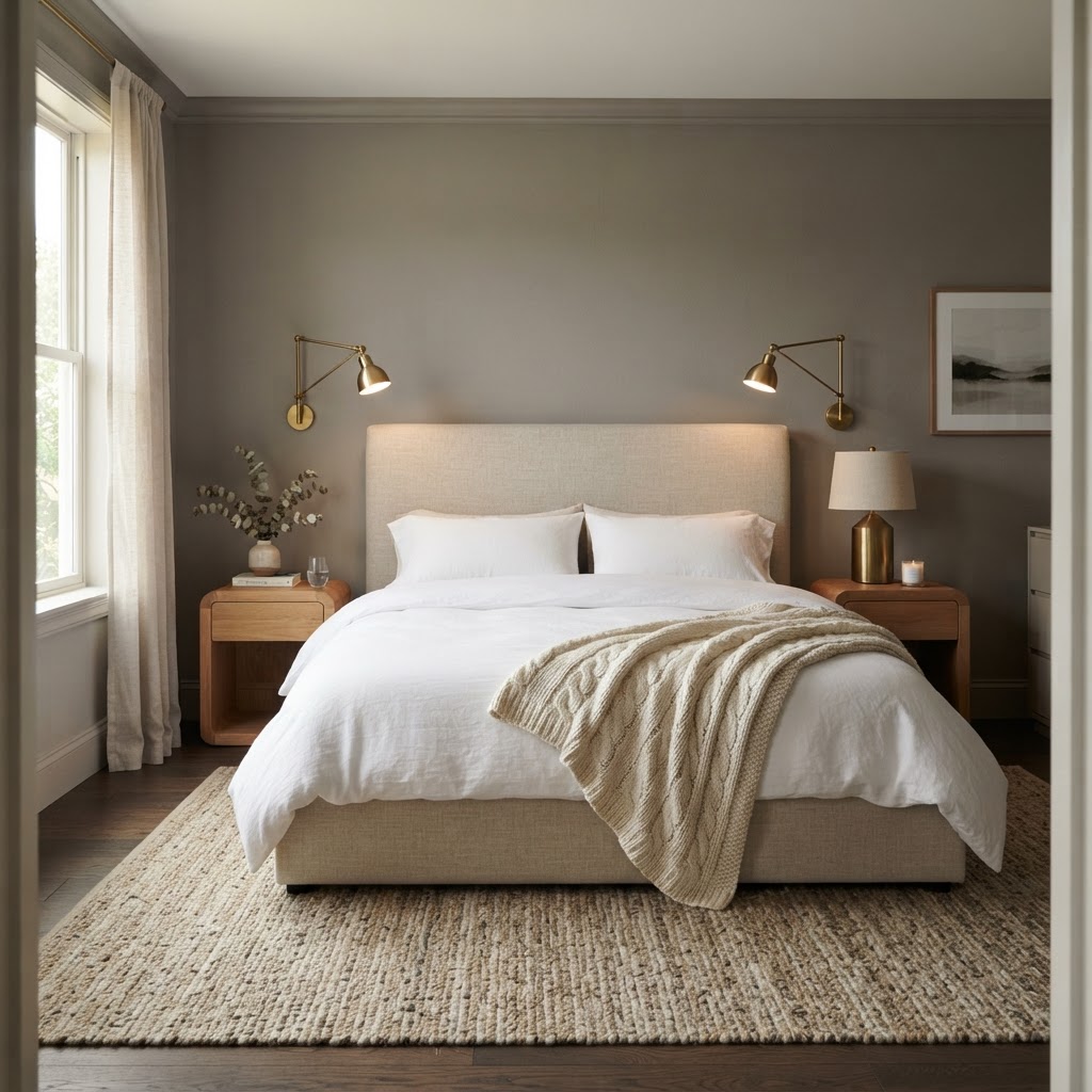 Bedroom with mid-tone warm gray walls, an upholstered bed with white bedding, a knitted throw, oak bedside tables and brass wall lights