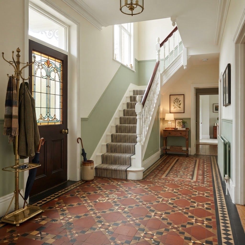 Edwardian hallway with a geometric tiled floor in terracotta, cream and black, a white staircase with turned spindles, a stained glass front door panel, soft green walls below a dado rail and a brass hat stand