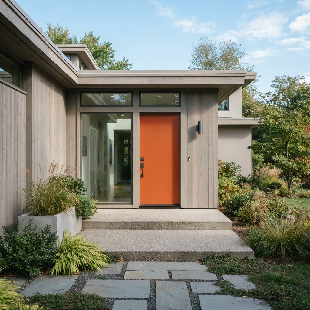Burnt orange front door on a cool gray-beige modern house with a concrete step