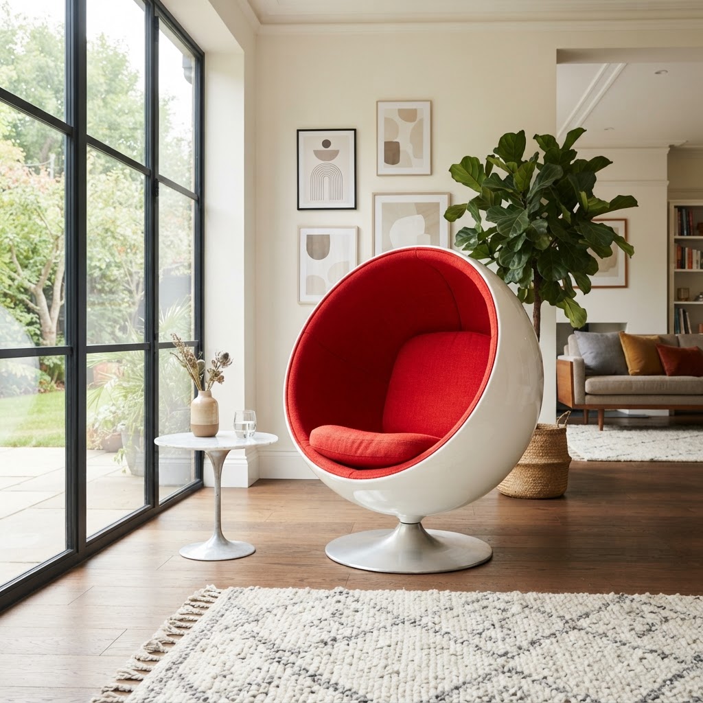 Space age white spherical shell chair with a red upholstered interior in a bright modern living room