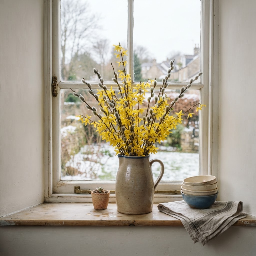 Jug of yellow forced forsythia branches and pussy willow on a kitchen windowsill in late winter