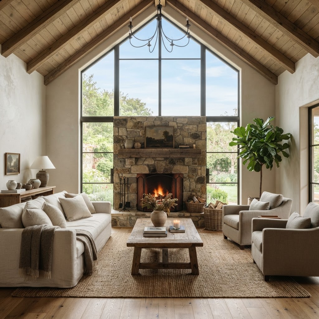 Living room with a tall gable window rising above a stone fireplace