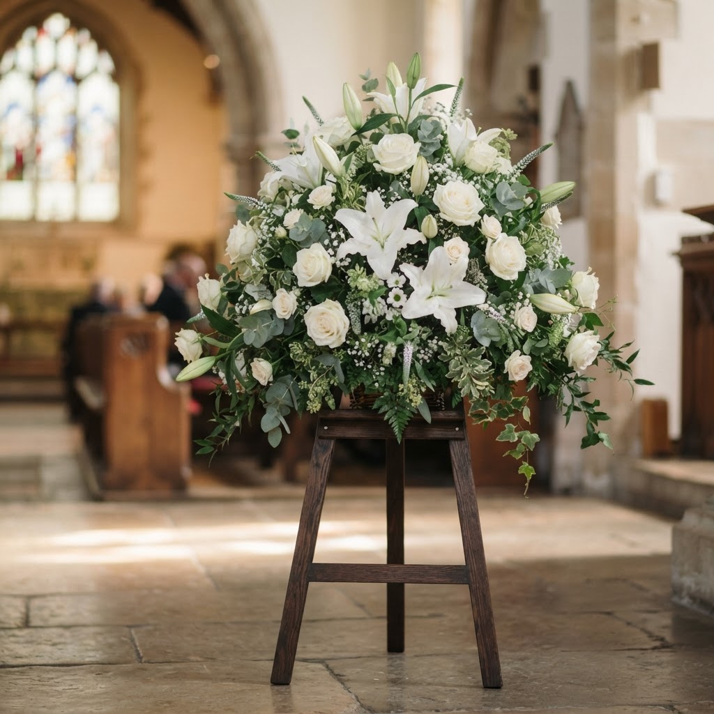 Sympathy arrangement of white lilies and white roses with soft greenery on a stand