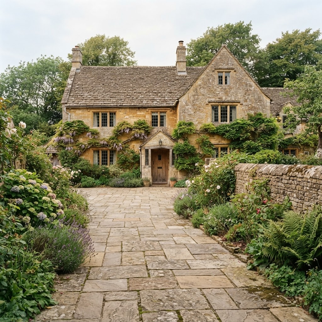 Natural sandstone flag driveway in front of a period stone house