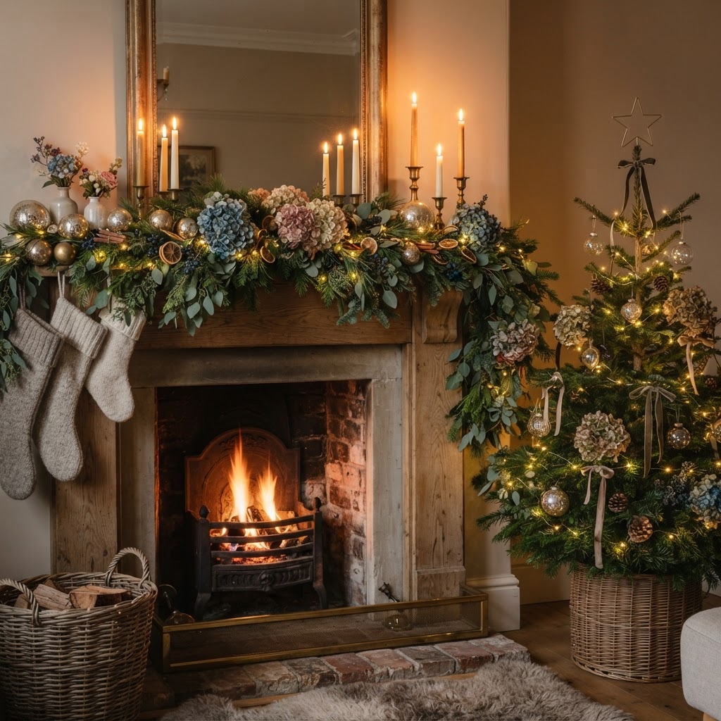Christmas mantelpiece and small tree styled with fresh eucalyptus, pine, dried hydrangeas and candles, a florist's festive arrangement in warm evening light