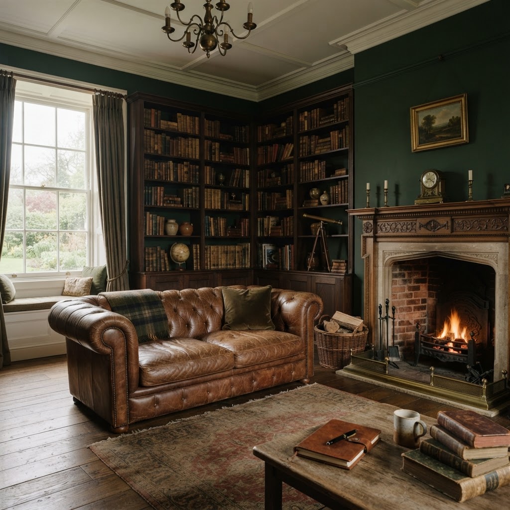 Library-style living room with a brown leather chesterfield sofa, dark green walls, built-in bookshelves, a lit fireplace and a wooden coffee table with books