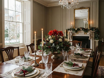 Christmas flower centrepiece of red amaryllis, white roses, pine and eucalyptus on a candlelit dining table in a Georgian dining room