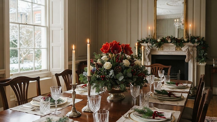 Christmas flower centrepiece of red amaryllis, white roses, pine and eucalyptus on a candlelit dining table in a Georgian dining room