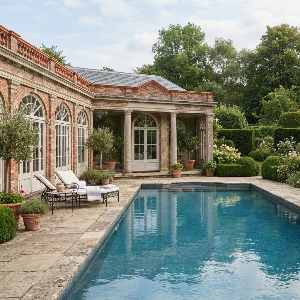 Classical orangery style brick pool house with tall glazed doors beside a formal swimming pool