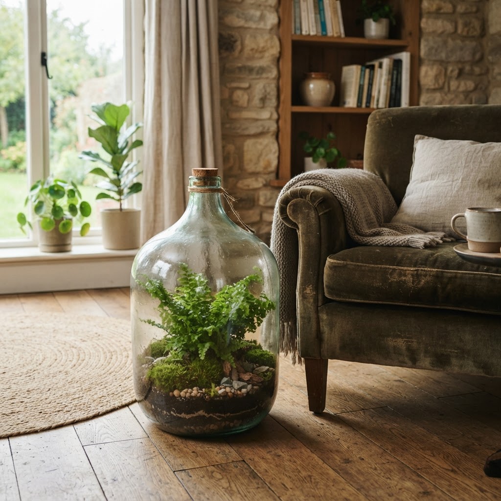 Large glass carboy bottle terrarium with a lemon button fern and moss on the floor beside an armchair in a cosy living room