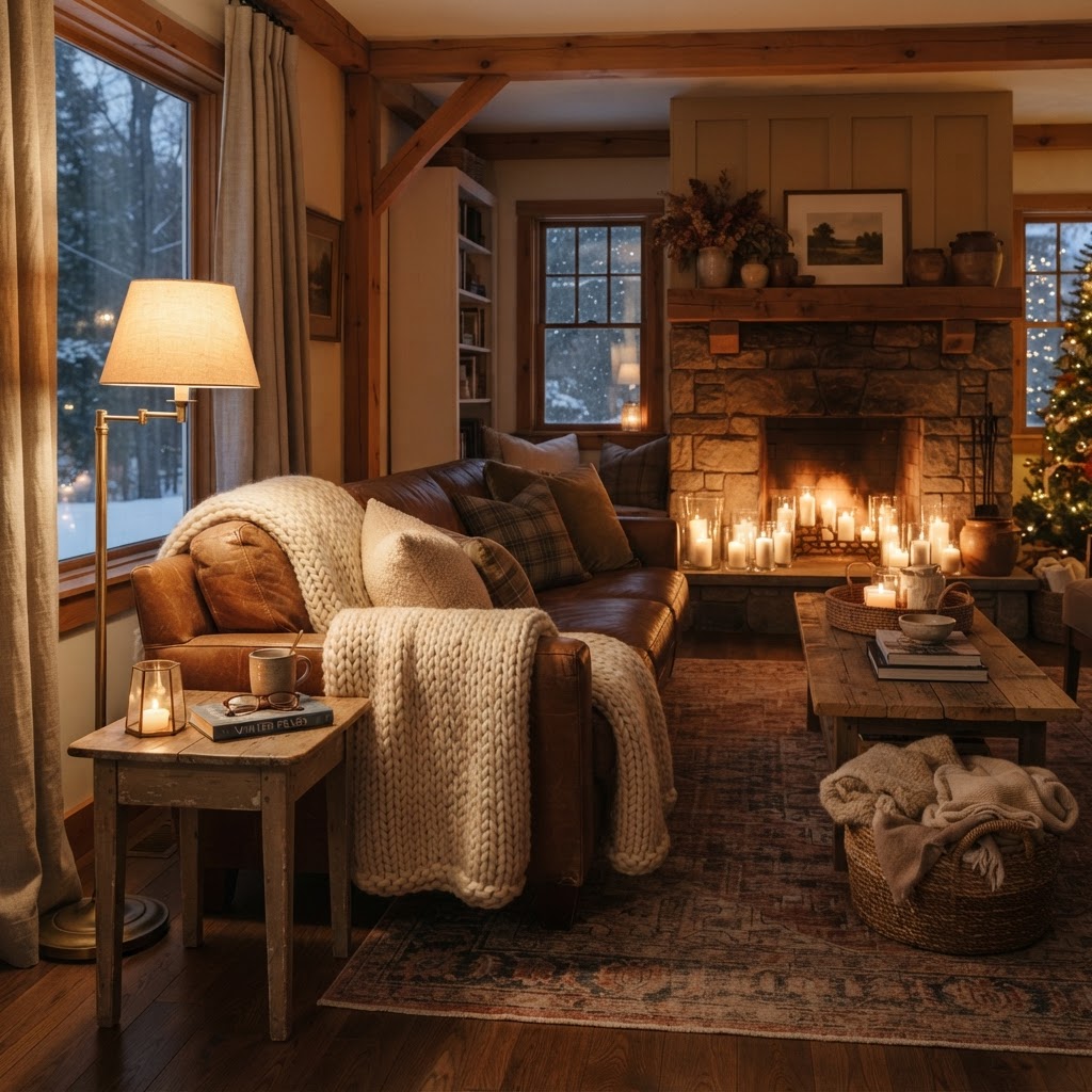 Cosy winter living room with a brown sofa, a chunky cream knit throw, a stone fireplace lined with candles, timber beams and warm lamp light