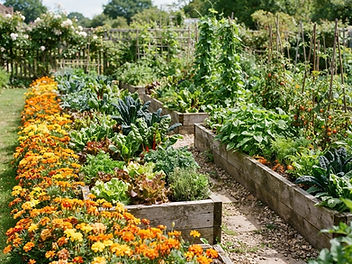 Vegetable garden edged with rows of orange and yellow marigolds beside raised beds in summer
