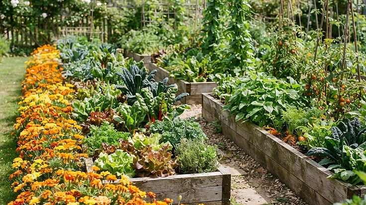 Vegetable garden edged with rows of orange and yellow marigolds beside raised beds in summer