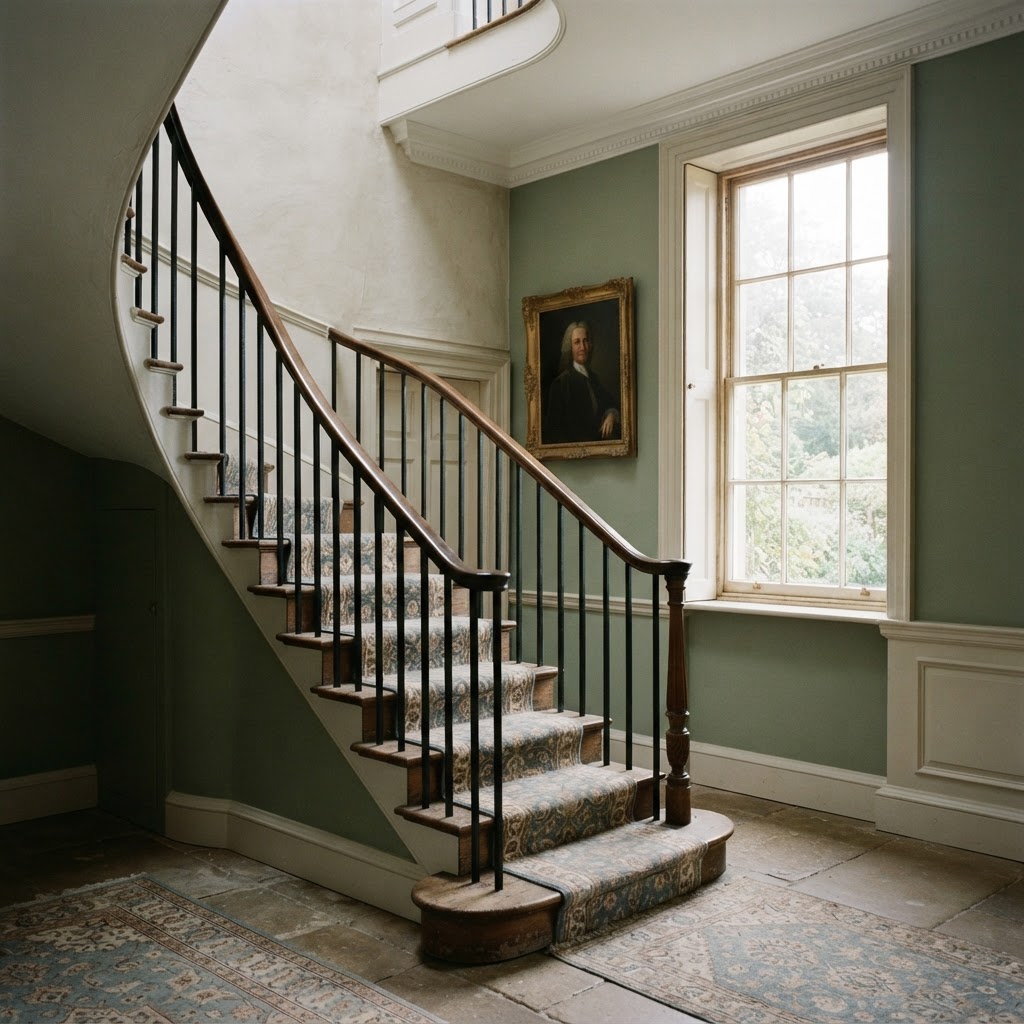 Georgian staircase with slim black-painted balusters and a polished wooden handrail, muted green walls below a white dado rail, a stair runner and a framed oil portrait in soft daylight