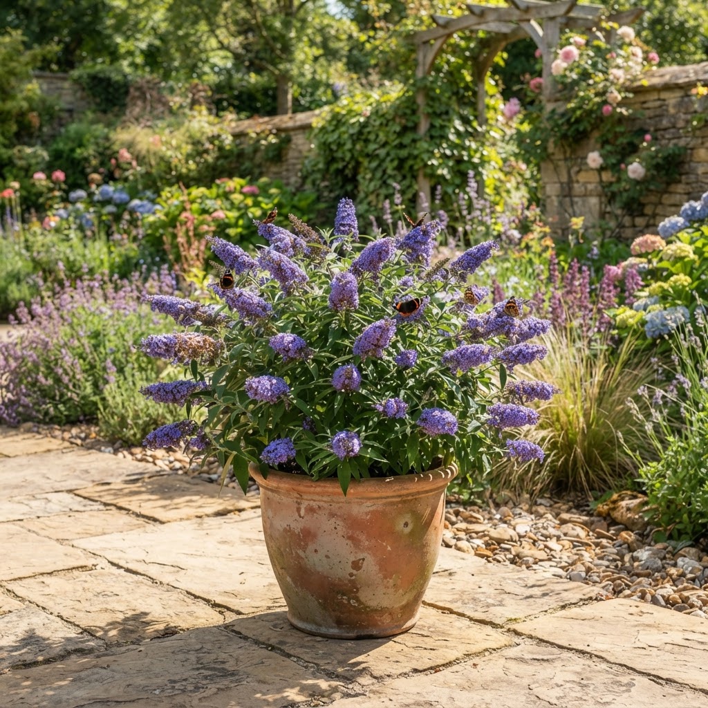 Compact blue butterfly bush flowering in a large pot on a sunny patio