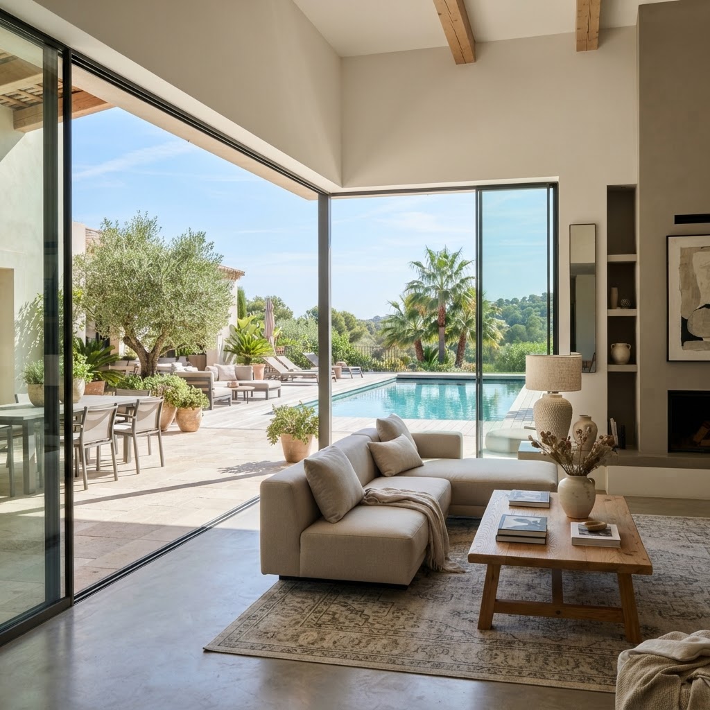 Modern living room with corner glass sliding doors fully open onto a pool terrace
