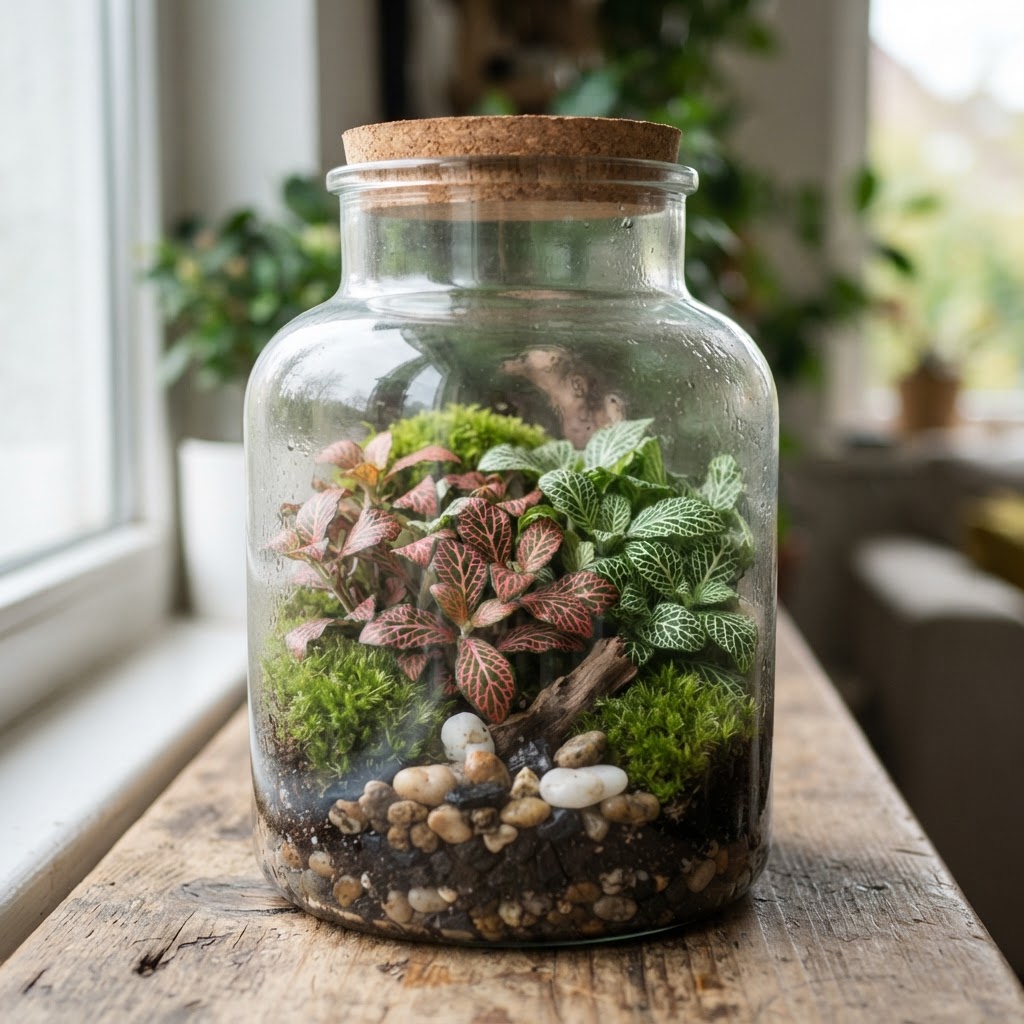 Closed glass jar terrarium with pink and white veined fittonia nerve plants, moss and small stones