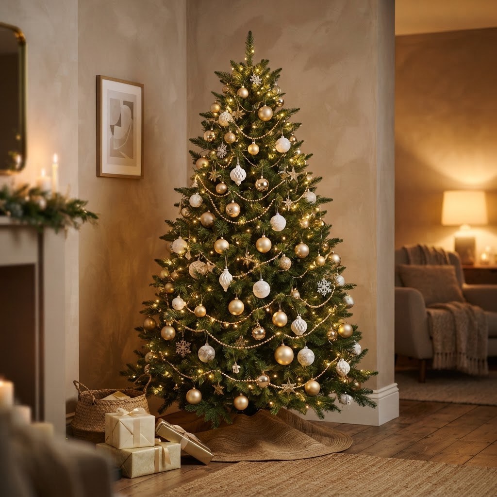 Christmas tree decorated in gold and white with warm white lights