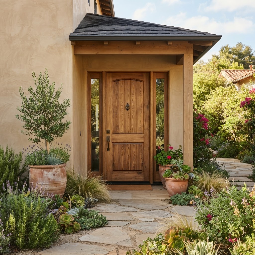 Natural stained wood front door on a tan stucco house with terracotta planters